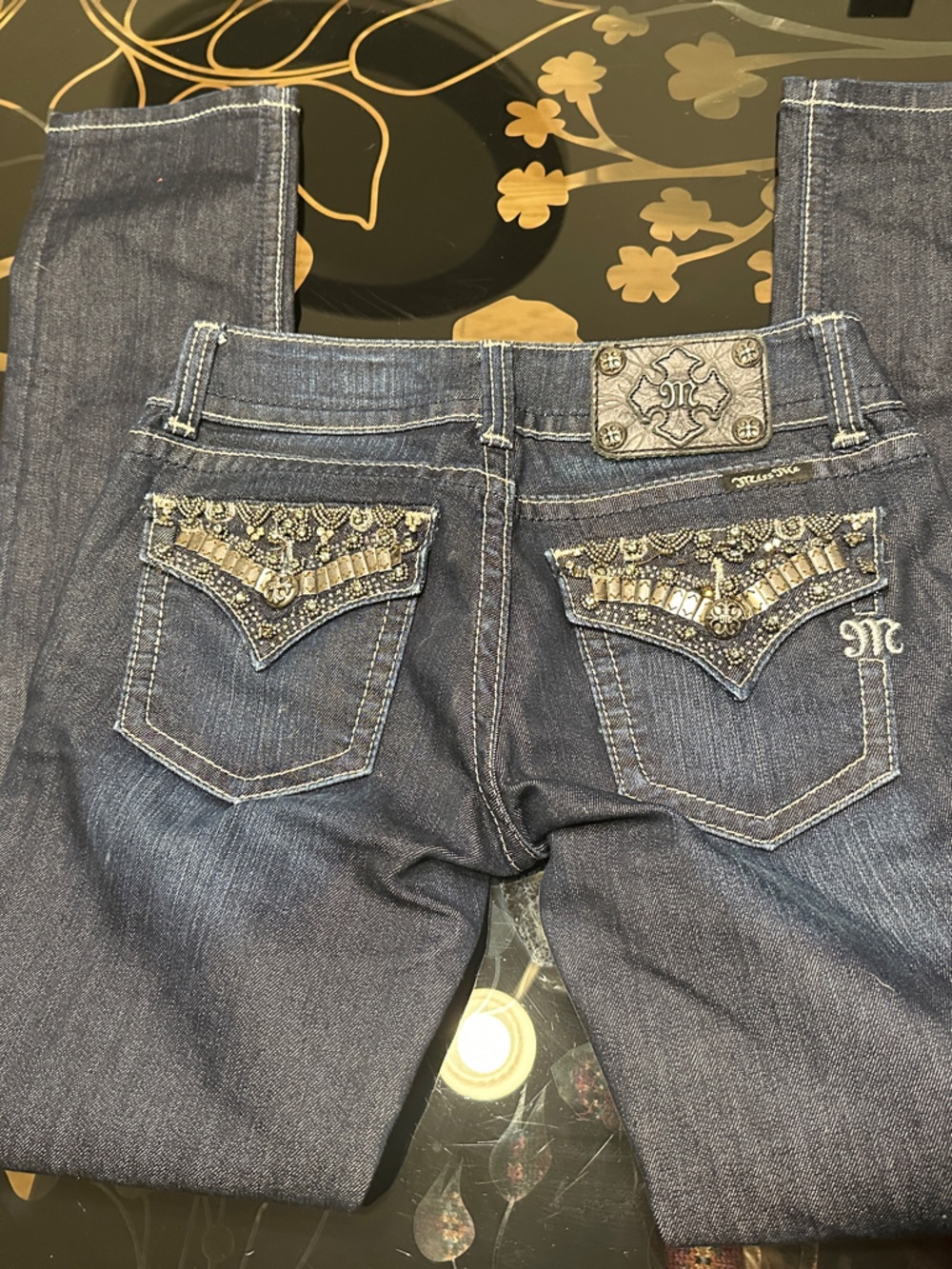Miss Me Dark Blue Skinny Jeans with Embellished Back Pockets Size 26